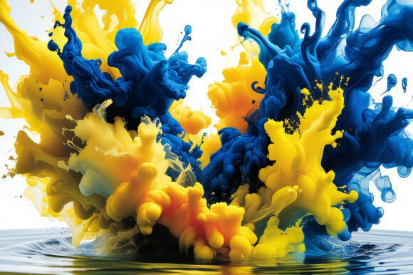Blue and Yellow Ink Splash in Water